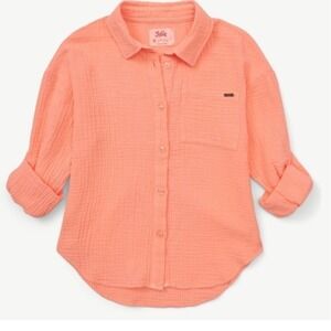 Justice Girls Coral Gauze Beach Swim Shirt Button Down Roll Tab Sleeve Sz S 7/8